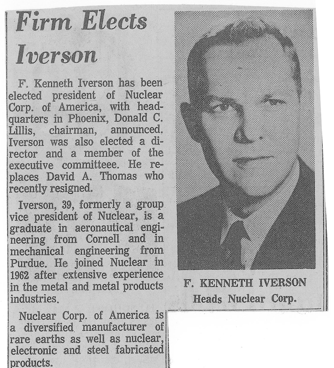 Newspaper article discussing Ken Iverson being elected president of Nuclear Corporation of America