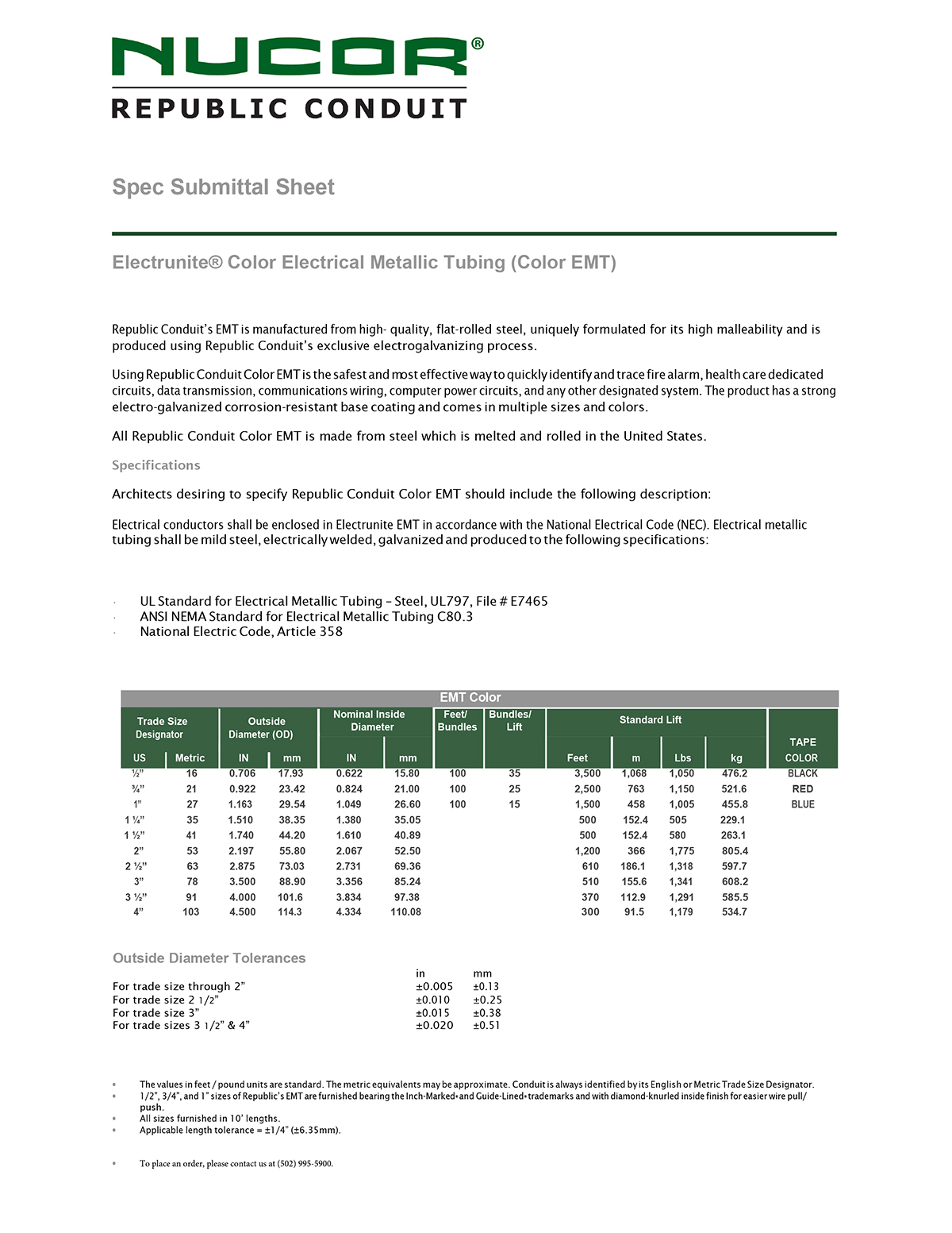 Electrunite® Color EMT Spec Sheet
