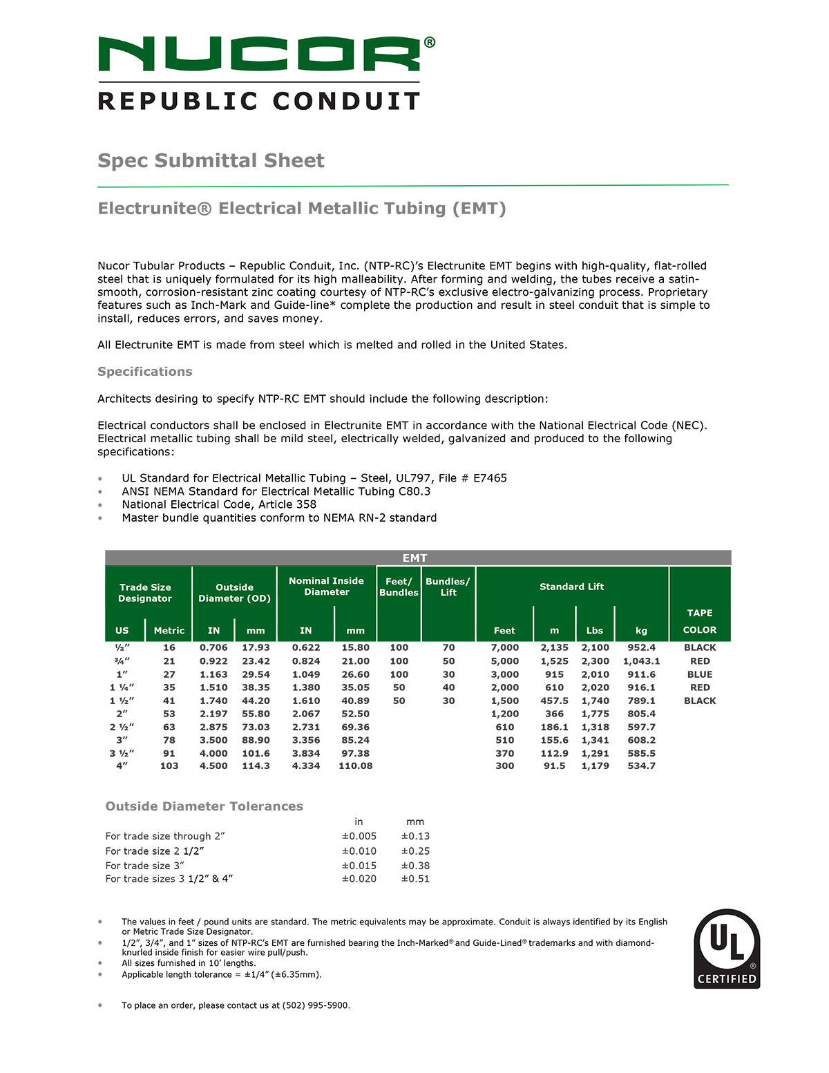 Electrunite® EMT Spec Sheet