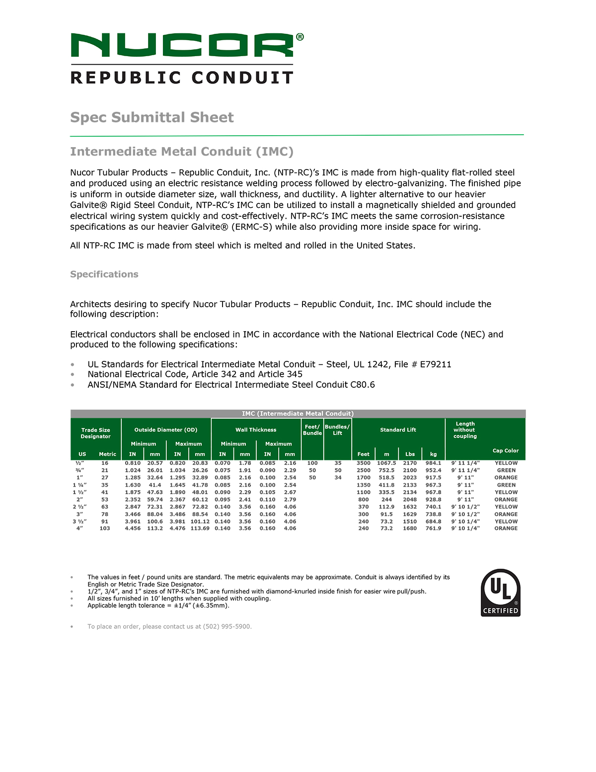 Intermediate Metal Conduit Spec Sheet