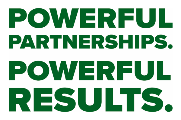 Green text that reads "Powerful partnerships. Powerful results. "